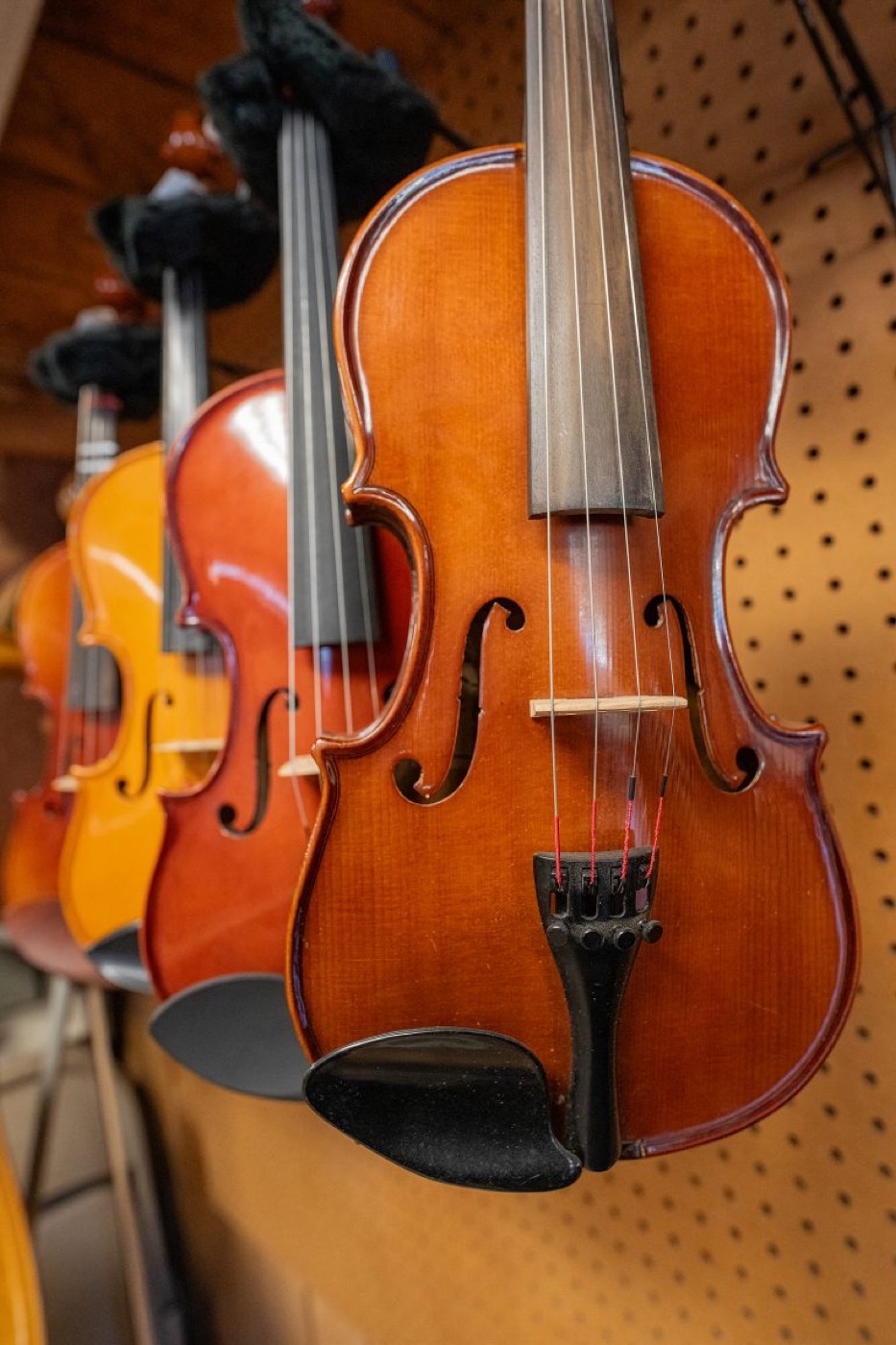 Fiddles hanging inside Webb Music Shop