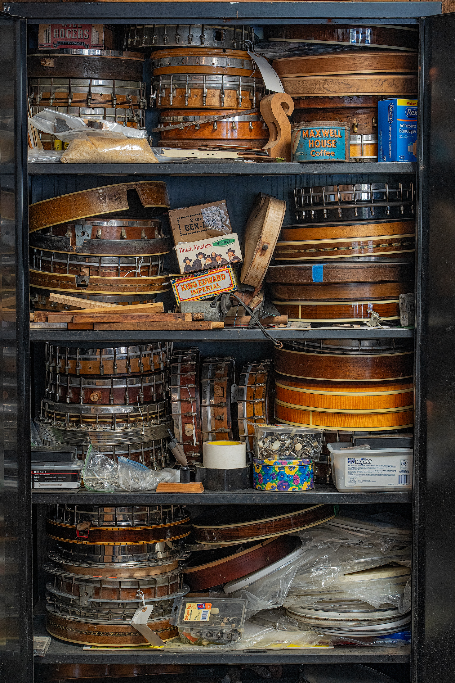 Parts cabinet and workbench details inside Webb Music Shop